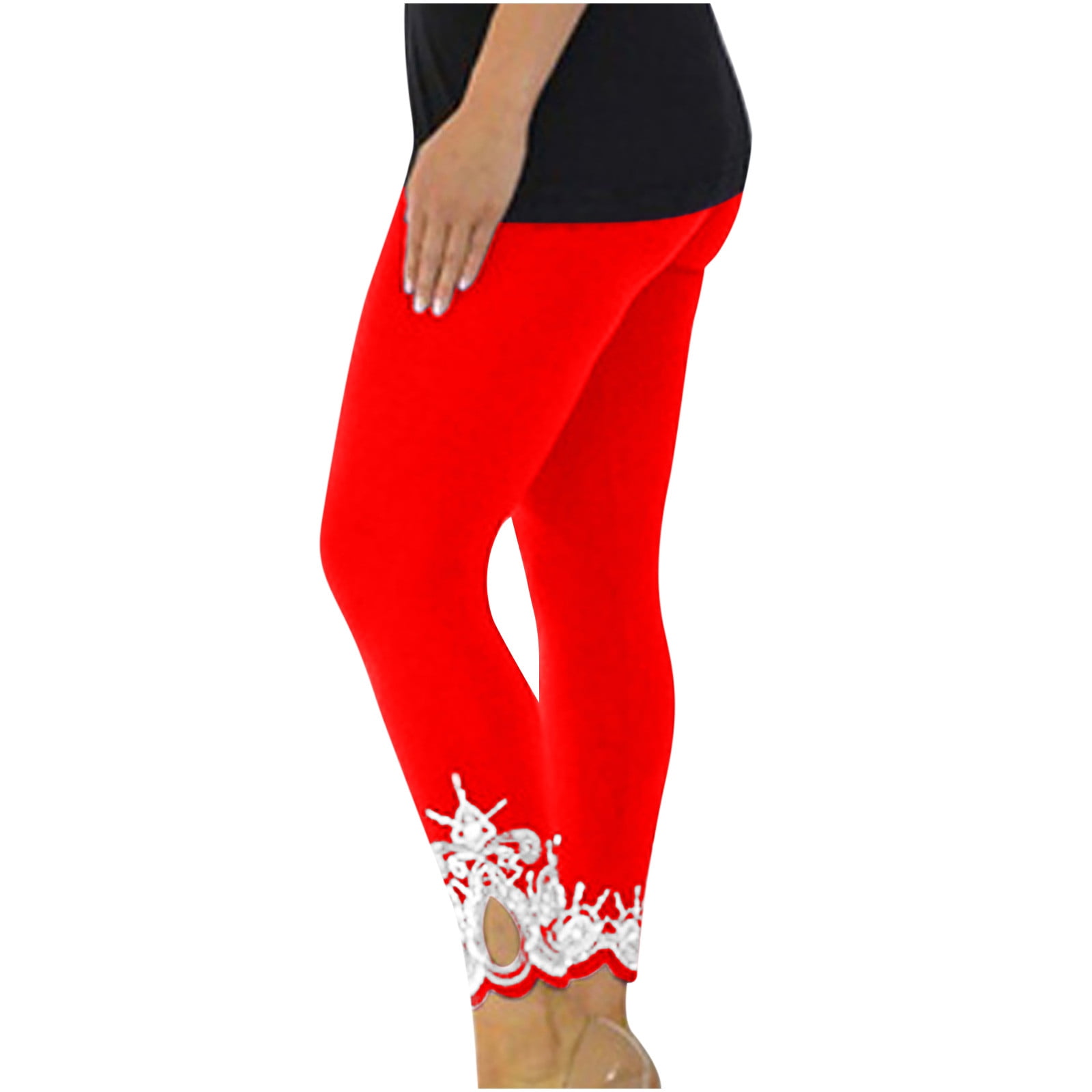Capris Pants For Women Super Elastic Casual Lace Patchwork Solid Color ...