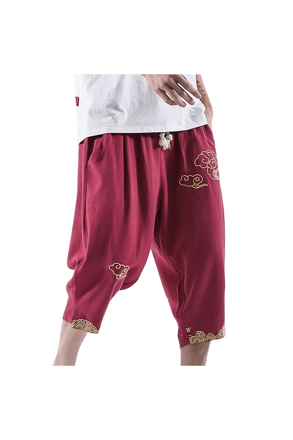 Capris Pants for Men Loose Comfortable Tight Waist Drawstring 3/4 Length Pants Retro Fashion Idea Print Wide Leg Pants Casual Versatile Cropped Trousers