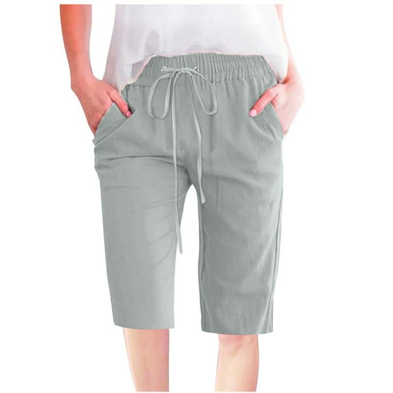Capris Pants for Women Cotton Linen Casual Summer 2025 Straight Wide Leg Loose Drawstring Elastic Waist Cropped Trouser, 2025 Under 10 Dollar Limited Time Clearance