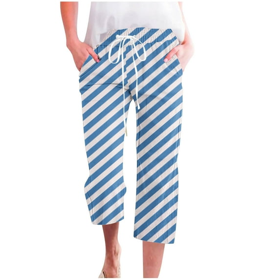 Capris Pants Women Cropped Pant Leg Cut Women's Plus Size Polyester Plus Size Lightweight Pants Capris Pants Style C-146 Blue-1 S