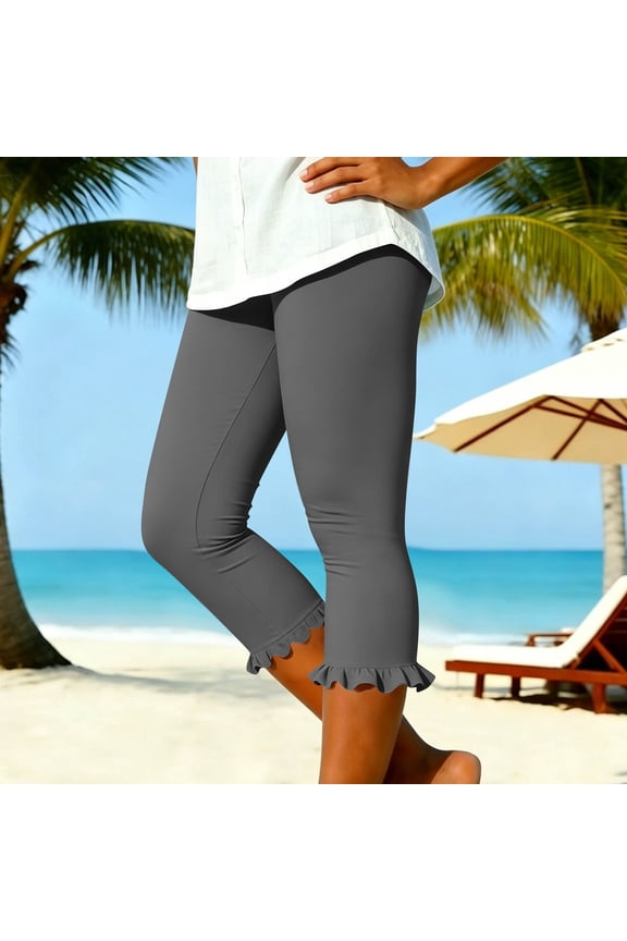 Capris Pants for Women Dressy Women's Ruffle Hem Capris Legging Slim Fitting High Waist Stretchy Casual Cropped Workout Yoga Pants for Daily Wear Gray M