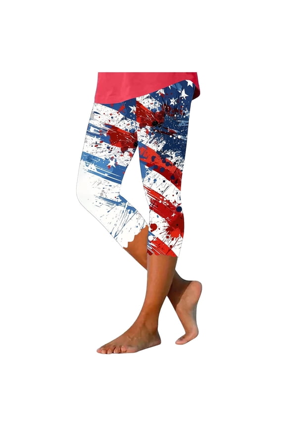 Capris Pants for Women, High Waist 4th July Leggings, Independence Day Printed Yoga Compression Stretchy Cropped Tights Wide Leg Capris for Lady Blue 3XL