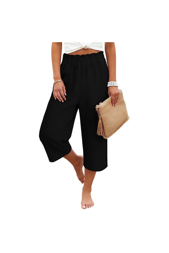 Capris Pants for Women Loose Elastic Waist Cotton Linen Wide Leg Cropped Pant Women's Summer Casual Solid Plus Size Relaxed Lightweight Breathable Vacation Beach Trouser
