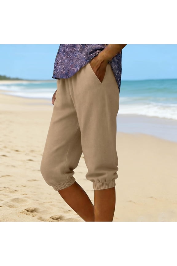 Capris Pants for Women Loose Fits Droop Elastic Waist Denim Like Capris Pants Womens Summer Casual Solid Plus Size Stretchy Slim Fits Comfy Tapered Leg Pant