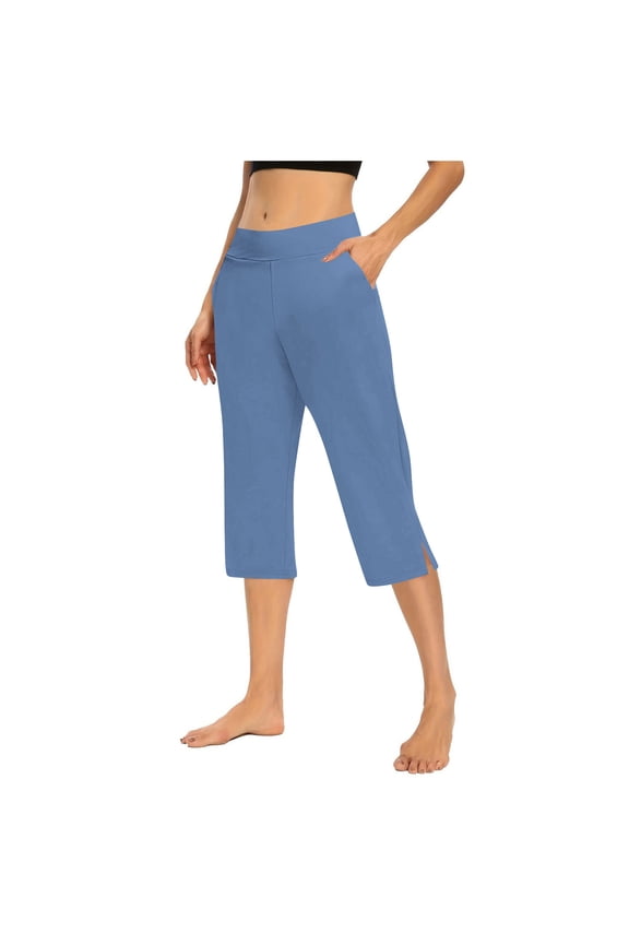 Capris Pants Women Mid Waist Loose Fitting Side Split Crop Pants Summer Casual Workout Athletic Trousers