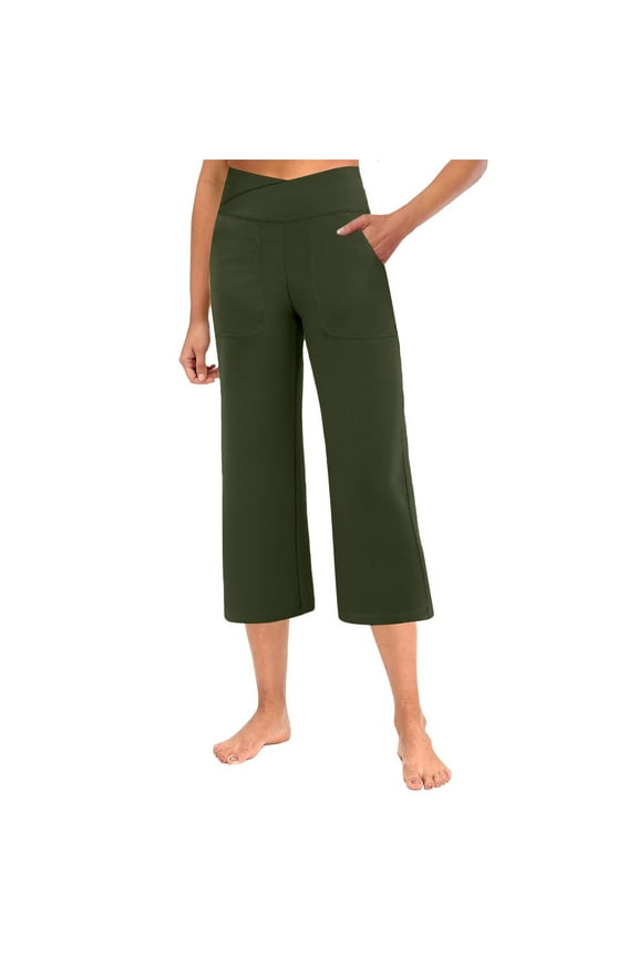 Capris Pants for Women Stretch Plus Size Stretchy Wide Leg Pull on Cropped Pants Tummy Control Cross Waisted Lightweight Cozy Gaucho Pants with Pockets Army Green 2XL