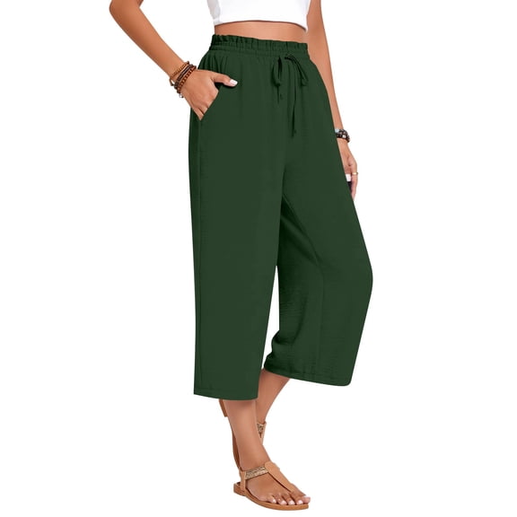 Capris Pants for Women Summer Casual Loose Drawstring Elastic High Waist Straight 2026 Lounge Beach Cropped Trousers 20" 21" 22" Inseam Army Green 2XL