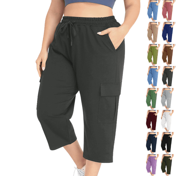 Capris Pants Women's Summer Fashion Plus Size Casual Solid Color Elastic Loose Capris Straight Wide Leg High Waisted Pants With Pocket Black,2XL