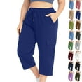 thumbnail image 1 of Capris Pants Women's Summer Fashion Plus Size Casual Solid Color Elastic Loose Capris Straight Wide Leg High Waisted Pants With Pocket Blue,L, 1 of 10