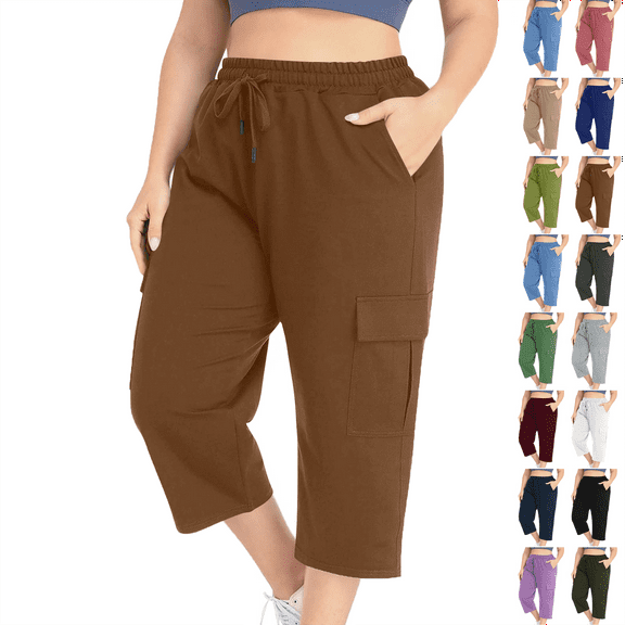 Capris Pants Women's Summer Fashion Plus Size Casual Solid Color Elastic Loose Capris Straight Wide Leg High Waisted Pants With Pocket Brown,XL