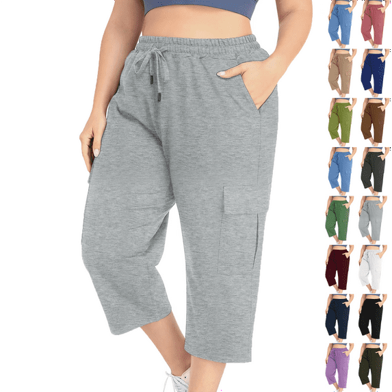 Capris Pants Women's Summer Fashion Plus Size Casual Solid Color Elastic Loose Capris Straight Wide Leg High Waisted Pants With Pocket Gray,4XL