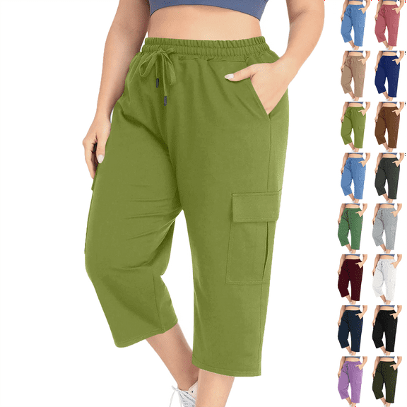 Capris Pants Women's Summer Fashion Plus Size Casual Solid Color Elastic Loose Capris Straight Wide Leg High Waisted Pants With Pocket Green,XL
