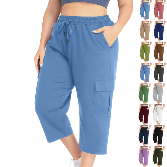Capris Pants Women's Summer Fashion Plus Size Casual Solid Color Elastic Loose Capris Straight Wide Leg High Waisted Pants With Pocket Light Blue,XL