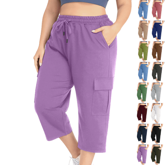 Capris Pants Women's Summer Fashion Plus Size Casual Solid Color Elastic Loose Capris Straight Wide Leg High Waisted Pants With Pocket Purple,L