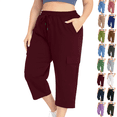 thumbnail image 1 of Capris Pants Women's Summer Fashion Plus Size Casual Solid Color Elastic Loose Capris Straight Wide Leg High Waisted Pants With Pocket Wine,4XL, 1 of 10