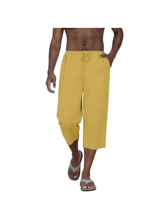 Capris Pants for Men Cotton Linen Elastic Drawstring Waist with Pockets Casual Beach Trousers Dad Gifts