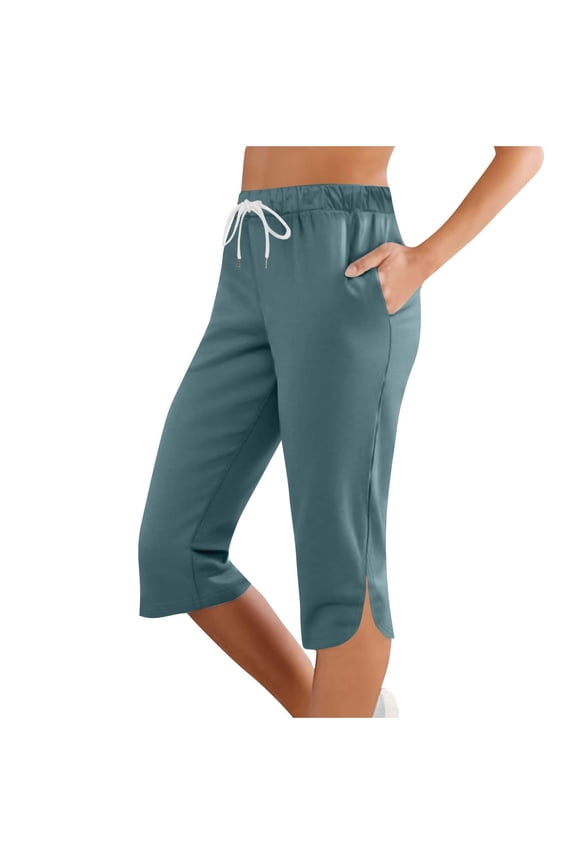 Capris Pants for Women 2069 Fashion Solid Color Elastic Waist Petite Capri Stretch Drawstring Summer Pant with Pockets