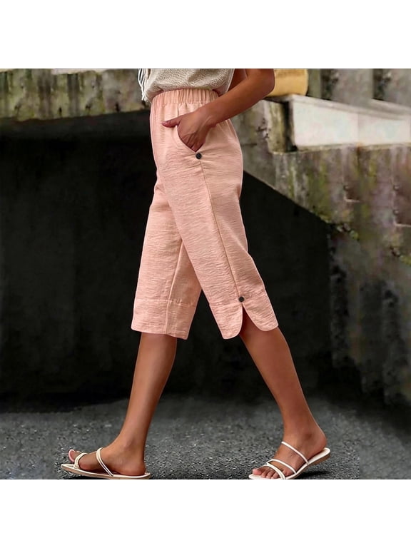 Capris Pants for Women Athletic Womens Summer Casual Peach Capris Pants Side Slit Lightweight Breathable Cropped Trousers M