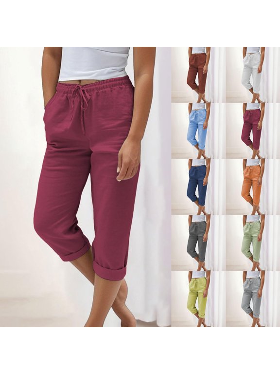 Capris Pants for Women Casual Drawstring Cropped High Waist Joggers (Red XXXL)