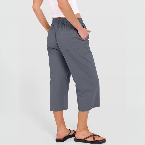 Capris Pants for Women Casual Summer 2026 Petite Pull on Straight Wide Leg Loose Drawstring Elastic Waist Cropped Trouser Gray XL