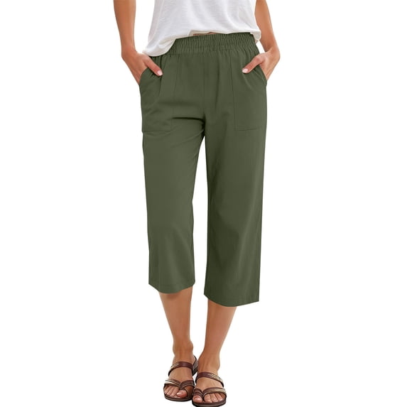 Capris Pants for Women Casual Summer 2026 Straight Wide Leg Loose Elastic Waist Cropped Trouser Army Green M