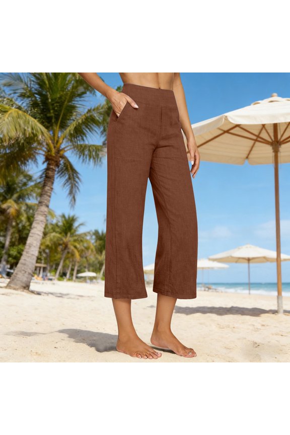 Capris Pants for Women Cotton Linen Casual Lightweight Summer 2026 Straight Wide Leg Loose Cropped Lounge Trousers Coffee S