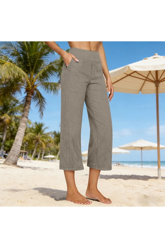 Capris Pants for Women Cotton Linen Casual Lightweight Summer 2026 Straight Wide Leg Loose Cropped Lounge Trousers Khaki S