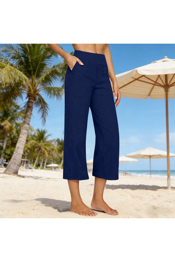 Capris Pants for Women Cotton Linen Casual Lightweight Summer 2026 Straight Wide Leg Loose Cropped Lounge Trousers Navy S