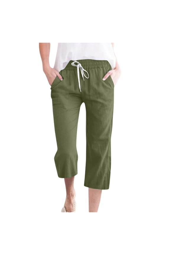 Capris Pants for Women Cotton Linen Casual Summer 2026 Straight Wide Leg Loose Drawstring Elastic Waist Cropped Trouser Army Green S