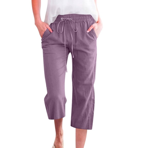 Capris Pants for Women Cotton Linen Casual Summer 2026 Straight Wide Leg Loose Drawstring Elastic Waist Cropped Trouser Light Purple 3XL