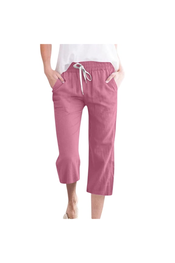 Capris Pants for Women Cotton Linen Casual Summer 2026 Straight Wide Leg Loose Drawstring Elastic Waist Cropped Trouser Pink M