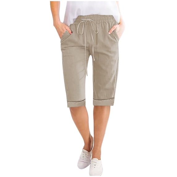 Capris Pants for Women Cotton Linen Casual Summer Straight Wide Leg Loose Drawstring Elastic Waist Cropped Trouser