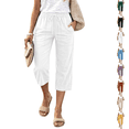 thumbnail image 1 of Capris Pants for Women Cotton Linen Casual Summer Straight Wide Leg Loose Drawstring Elastic Waist Cropped White S, 1 of 6