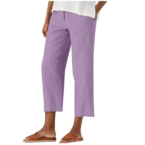 Capris Pants for Women Cotton Linen Summer Trendy Solid Color Straig Leg Loose Capris Pants with Zipper Pocket Purple XL