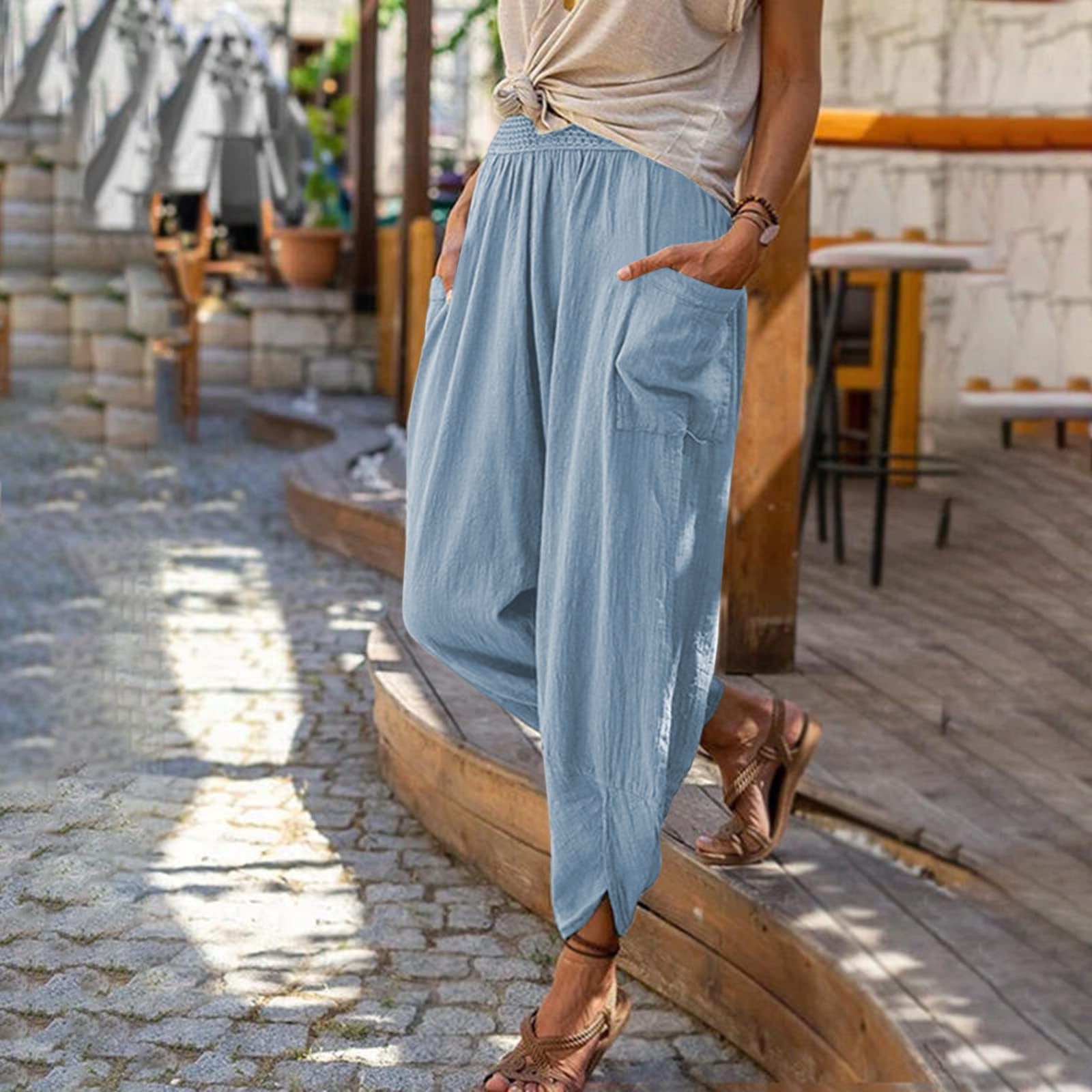 Summer Cotton Linen Cropped Wide Leg Pants Capris Women Ladies Casual Loose  Palazzo Pant Work Elastic Pocket