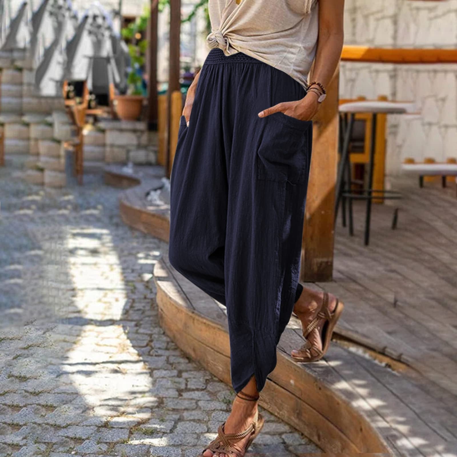 ceangrtro Linen Casual Dressy Capri Pants for Women Solid Color Beach Capri  Pants Wide Leg Plain Capris Loose Fit Cropped, Blue, XX-Large : :  Clothing, Shoes & Accessories