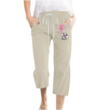 Capris Pants for Women Cotton Linen Wide Leg Pants Plus Size Casual Summer Fall Cropped Solid Elastic Waist Baggy Trousers,Khaki 4,S