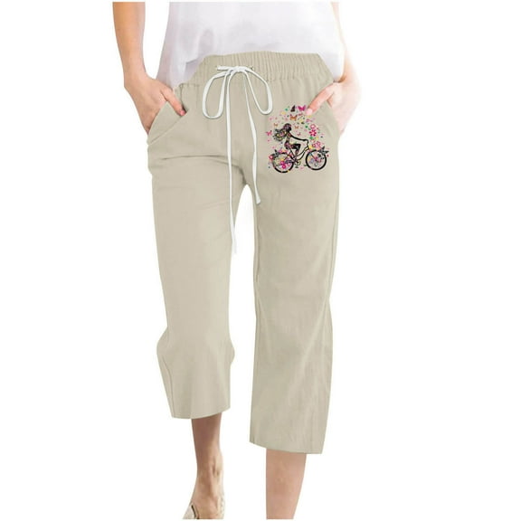 Capris Pants for Women Cotton Linen Wide Leg Pants Plus Size Casual Summer Fall Cropped Solid Elastic Waist Baggy Trousers,Khaki 7,2XL