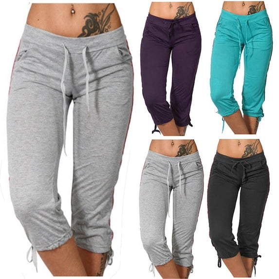 Capris Pants for Women, Drawstring Elastic Waist Cropped Leggings Pants with Pockets Street Wear Trendy Cropped Pants