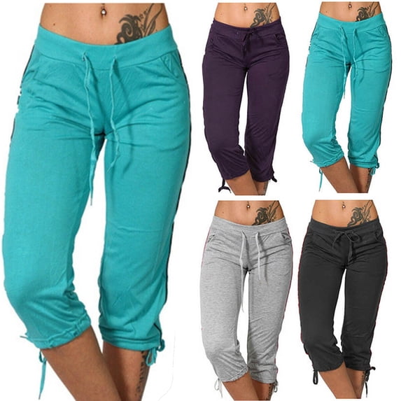 Capris Pants for Women, Drawstring Elastic Waist Cropped Leggings Pants with Pockets Street Wear Trendy Cropped Pants