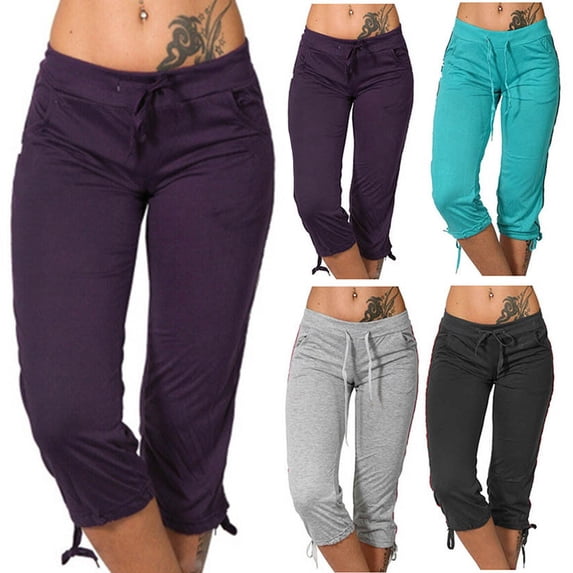 Capris Pants for Women, Drawstring Elastic Waist Cropped Leggings Pants with Pockets Street Wear Trendy Cropped Pants