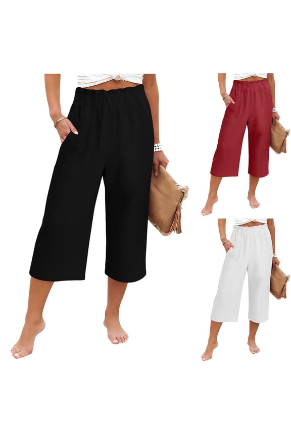 Capris Pants for Women Elastic High Waisted Wide Leg Cotton Linen Summer Capri Pant Casual Loose Beach Gauze Clothing (Black,M)