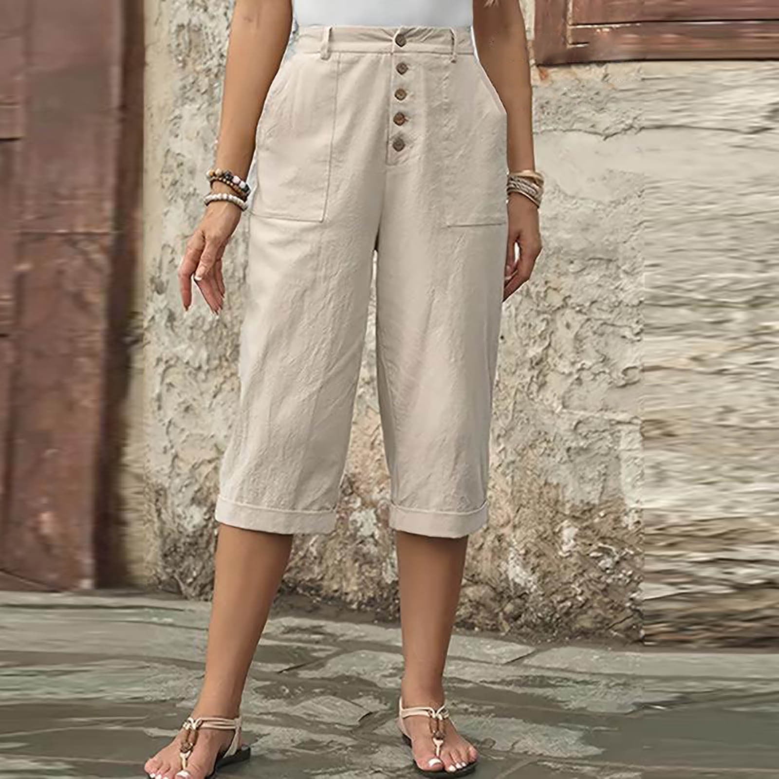 Capris Pants for Women Elastic Waist Straight Leg Button Pants Solid ...