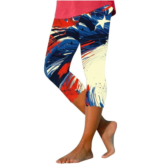 Capris Pants for Women, High Waist 4th July Leggings, Independence Day Printed Yoga Compression Stretchy Cropped Tights Lady Capris Blue 4XL