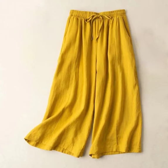Capris Pants for Women - High Waist Wide Leg Capris Adjustable Drawstring Lightweight Summer Beach Cropped Pants with Pockets