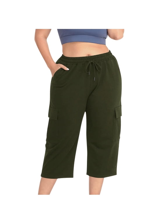 Capris Pants for Women New Womens Capris with Pockets Plus Size Cotton Yoga Pants Elastic Waist Loose Fitting Activewear Cropped Pants Army Green XL