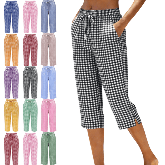 Capris Pants for Women Plus Size Casual Loose Plaid High Waisted Trousers Summer Lounge Cropped Pants with Pockets,Sizes S-3XL