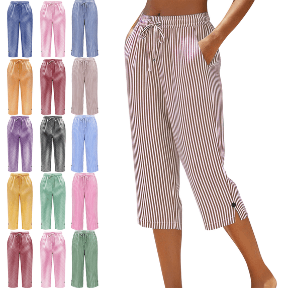 Capris Pants for Women Plus Size Casual Loose Plaid High Waisted Trousers Summer Lounge Cropped Pants with Pockets,Sizes S-3XL