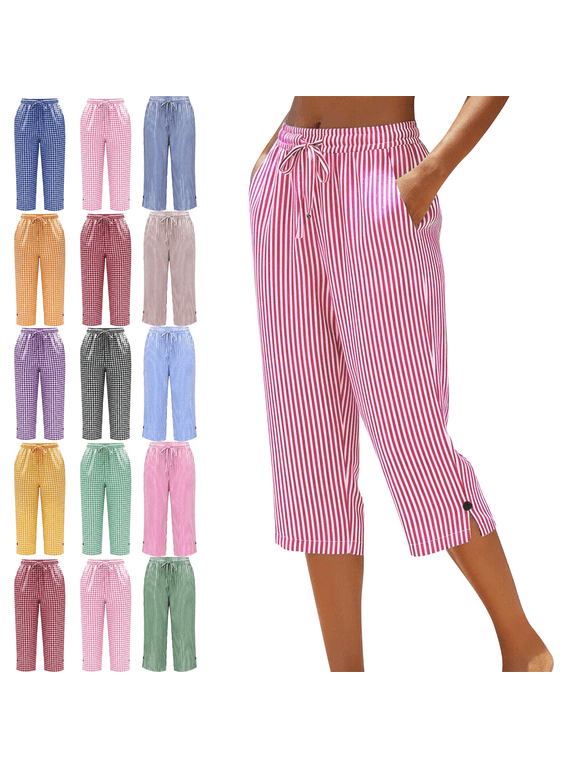 Capris Pants for Women Plus Size Casual Loose Plaid High Waisted Trousers Summer Lounge Cropped Pants with Pockets,Sizes S-3XL
