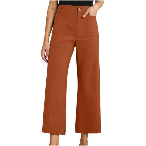 Capris Pants for Women Solid Color Elastic Waisted Button Cropped Wide Leg Pants with Pocket Orange XL